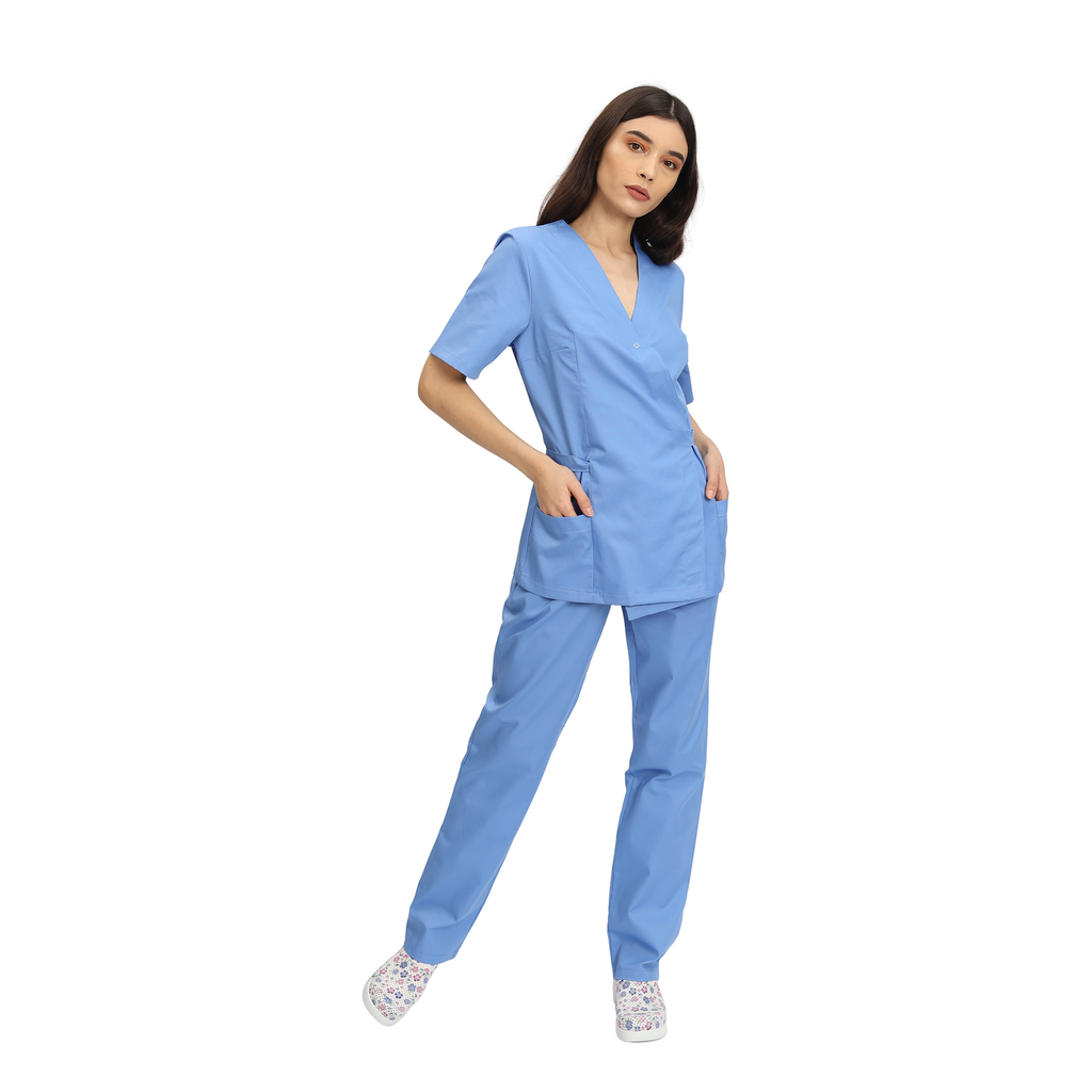 Compleu Medical Kimi, bleu, bluza medicala kimono si pantalon cu elastic | Inotex.ro
